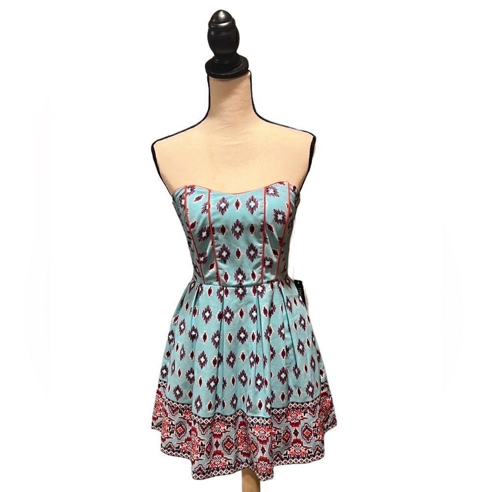 136. Teeze Me Y2K multicolor Aztec Tribal Strapless Corset dress NWT Size S